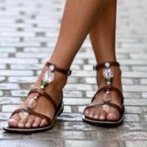 Giuseppe Zanotti Vicini Gemstones Leather T-Strap Flats